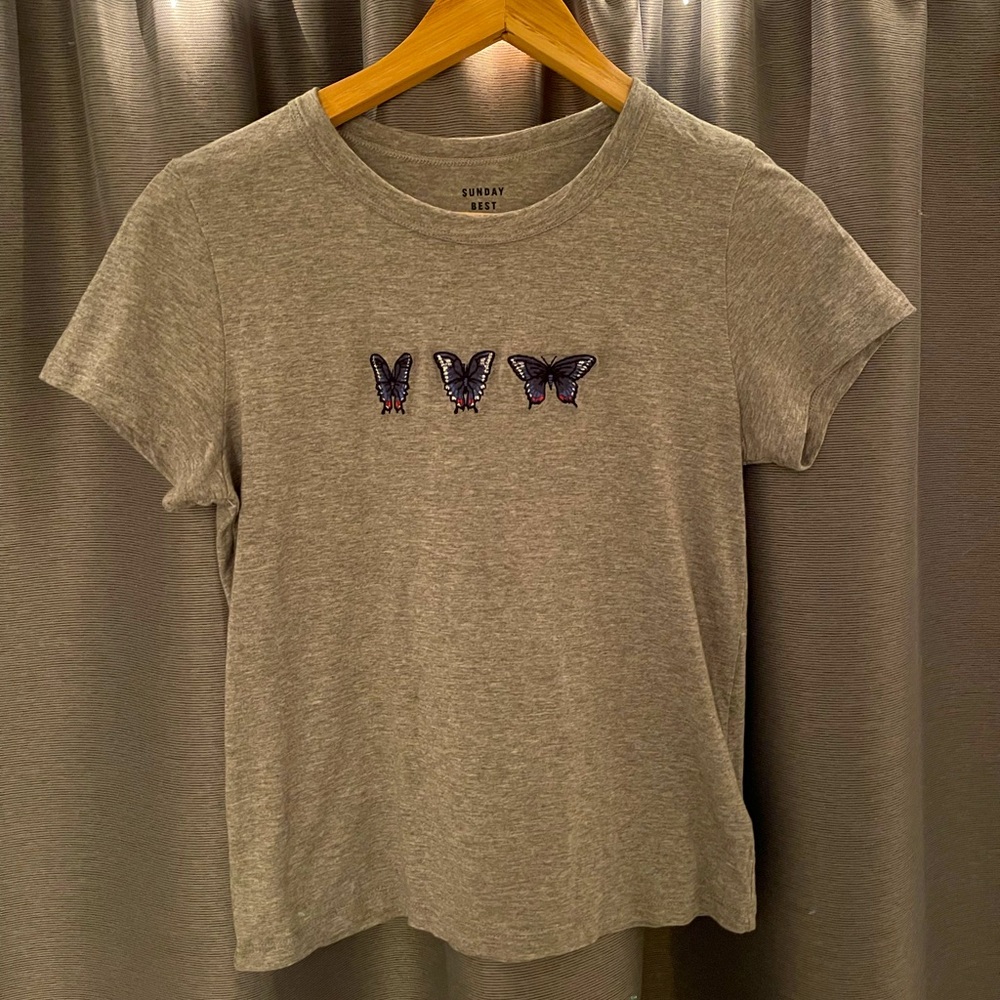Sunday Best T-Shirt With Embroidered Butterflies, Grey